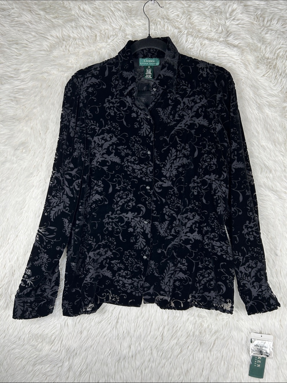 Lauren Ralph Lauren Black Velvet Burnout Button-Front Blouse